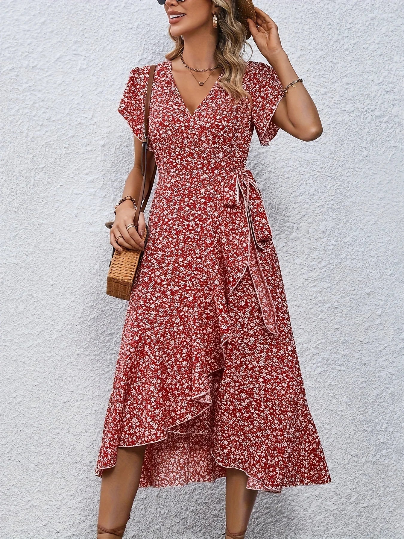 V-neck Floral Print Long Dress