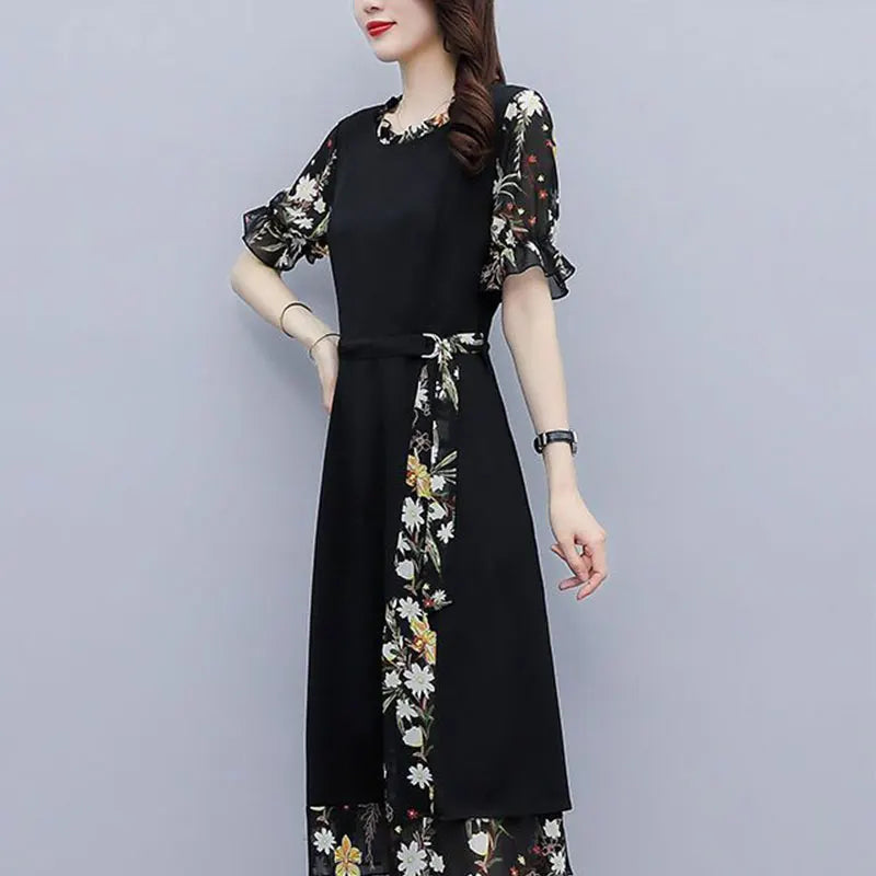 Printing Patchwork Chiffon O-neck A-line Skirt Midi Dress