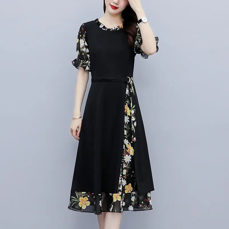 Printing Patchwork Chiffon O-neck A-line Skirt Midi Dress