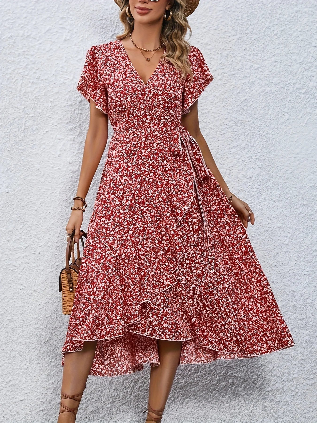 V-neck Floral Print Long Dress