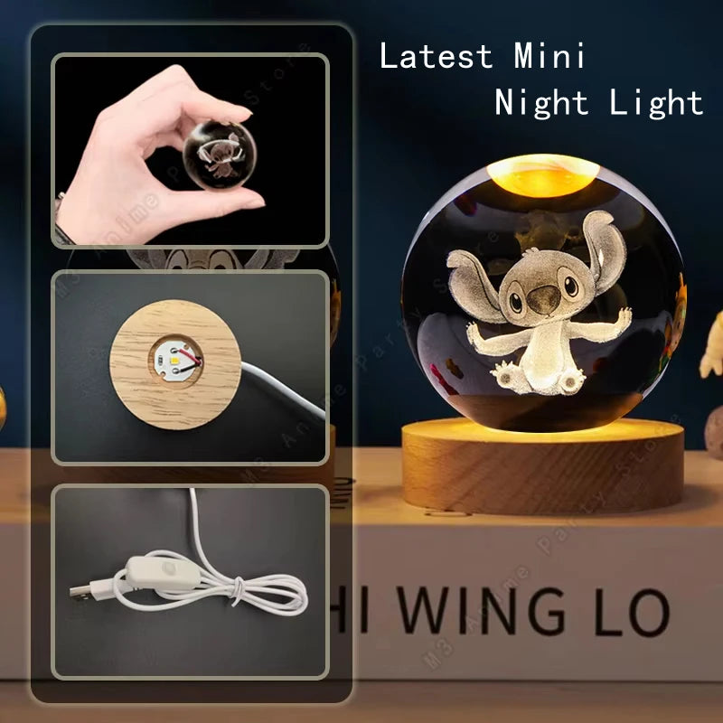 Lilo and Stitch Disney Unique 3D Crystal Ball Lamp LED Luminous Crystal Ball Night Light Glass Children's Birthday Gifts Toy 5cm
