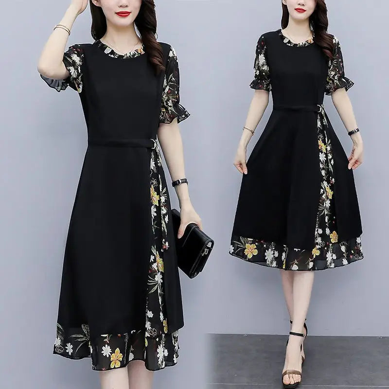 Printing Patchwork Chiffon O-neck A-line Skirt Midi Dress