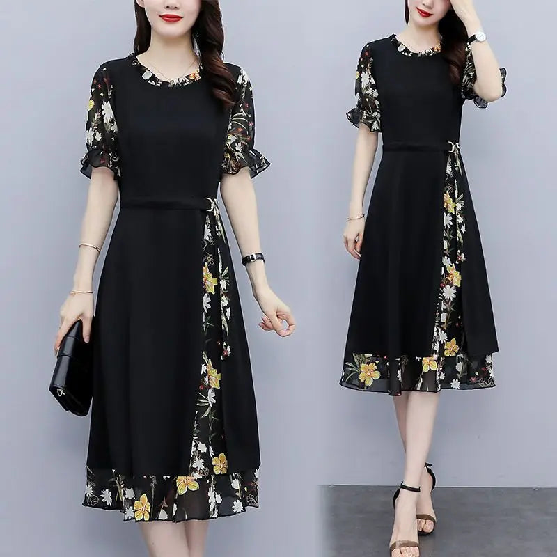 Printing Patchwork Chiffon O-neck A-line Skirt Midi Dress