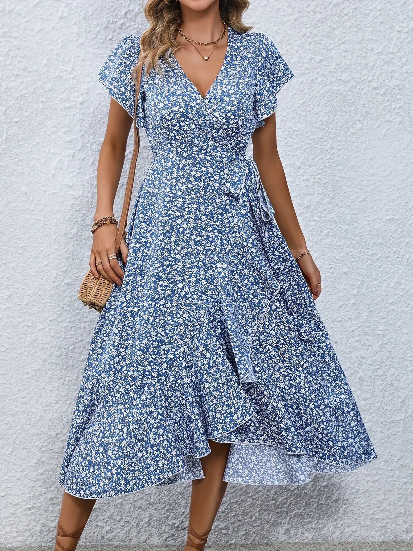 V-neck Floral Print Long Dress