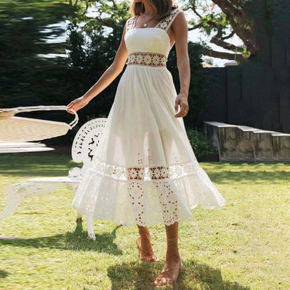 Hook flower hollow sexy strap dress square neck high waist solid color long dresses women slim fit elegant sleeveless dress