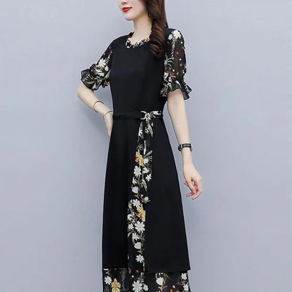 Printing Patchwork Chiffon O-neck A-line Skirt Midi Dress