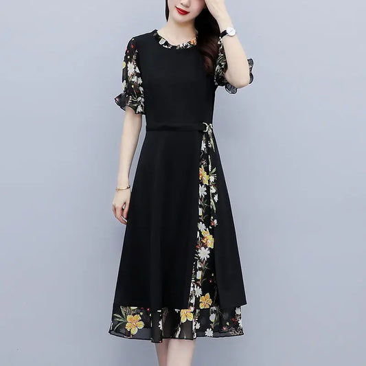 Printing Patchwork Chiffon O-neck A-line Skirt Midi Dress