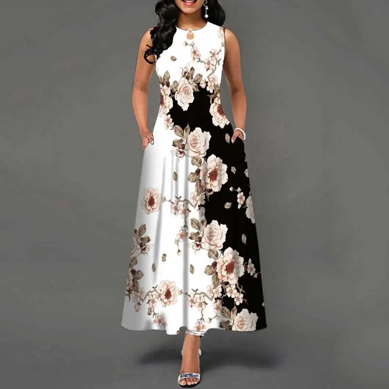 Flower Print Sleeveless Long Dress