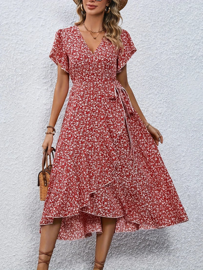 V-neck Floral Print Long Dress