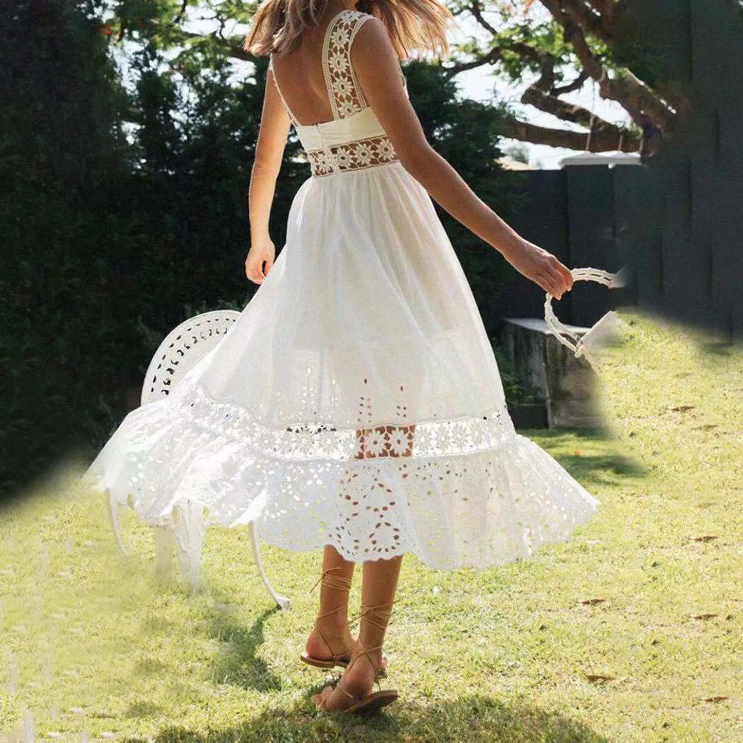 Hook flower hollow sexy strap dress square neck high waist solid color long dresses women slim fit elegant sleeveless dress