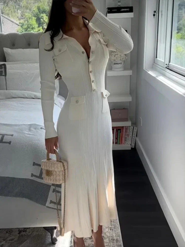 Knitted Elegant Party Dresses Woman Slim Lapel Button Pockets Long Dresses Office Lady Full Sleeve Ribbed Robes 2024 Autumn New