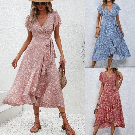 V-neck Floral Print Long Dress