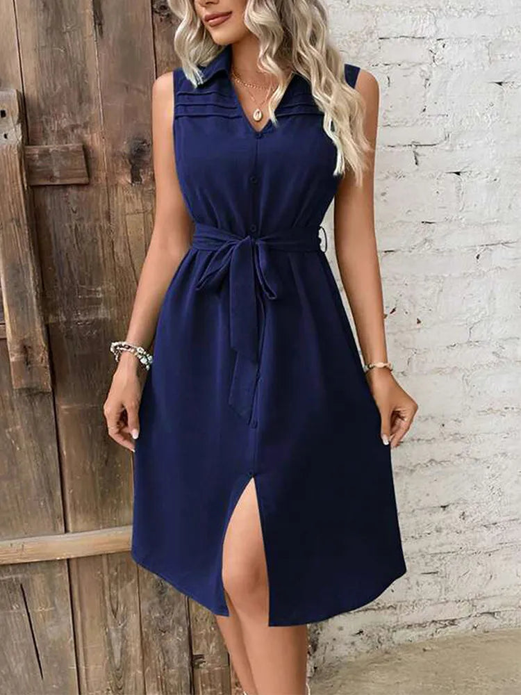 V-neck Sleeveless Office Style Short Dress